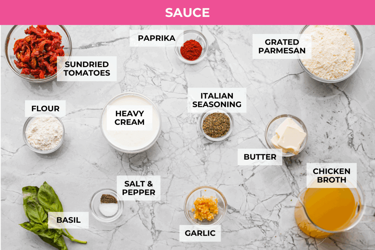 Marry me stuffed shellsย take the viral sauce you love and turn it into a cozy, baked pasta moment. Think creamy chicken-stuffed shells, melty cheese, and just enough sun-dried tomatoes for that extra swoon-worthy touch. Overhead shot of the labeled marry me stuffed shells sauce ingredients.