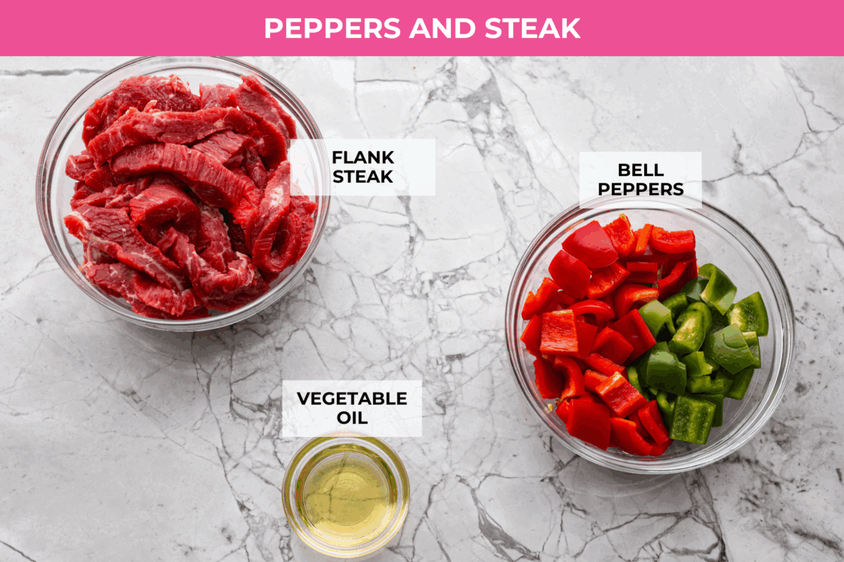 Trust me on this one. If you want the most tender pepper steak you’ve ever made at home, this recipe is it. It’s fast, saucy, and I give you just enough tips to make it work on a busy night! Overhead shot of labeled pepper steak ingredients.