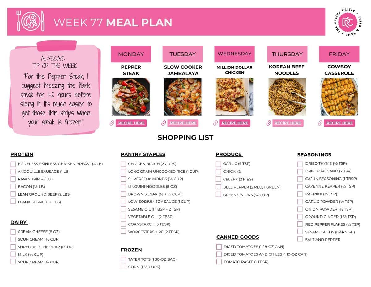 If the thought of figuring out dinner every night is weighing you down, this weekโs meal plan is for you. Everything is simple, familiar, and realistic for real life. Image of the free printable shopping list for this weeks meal plan.