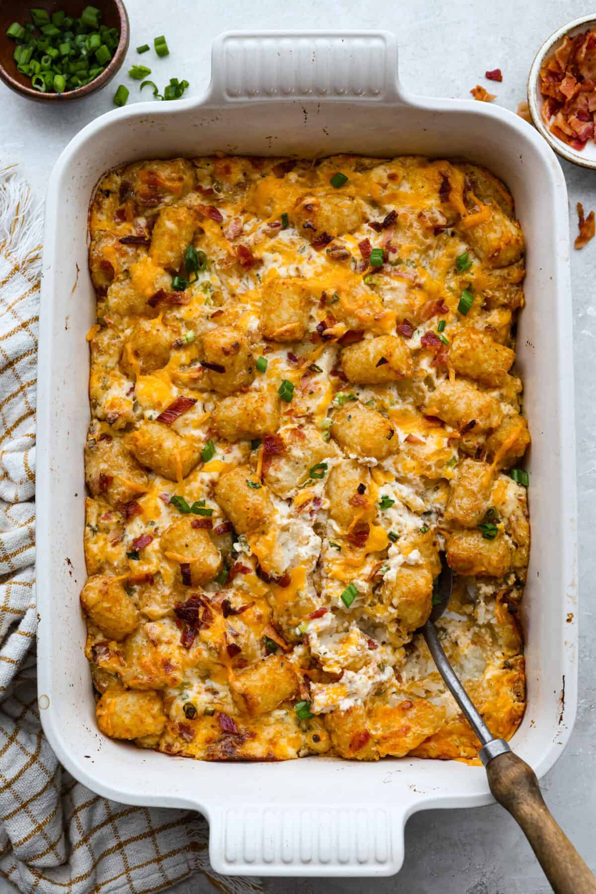 Overhead shot of cracked out tater tot casserole.