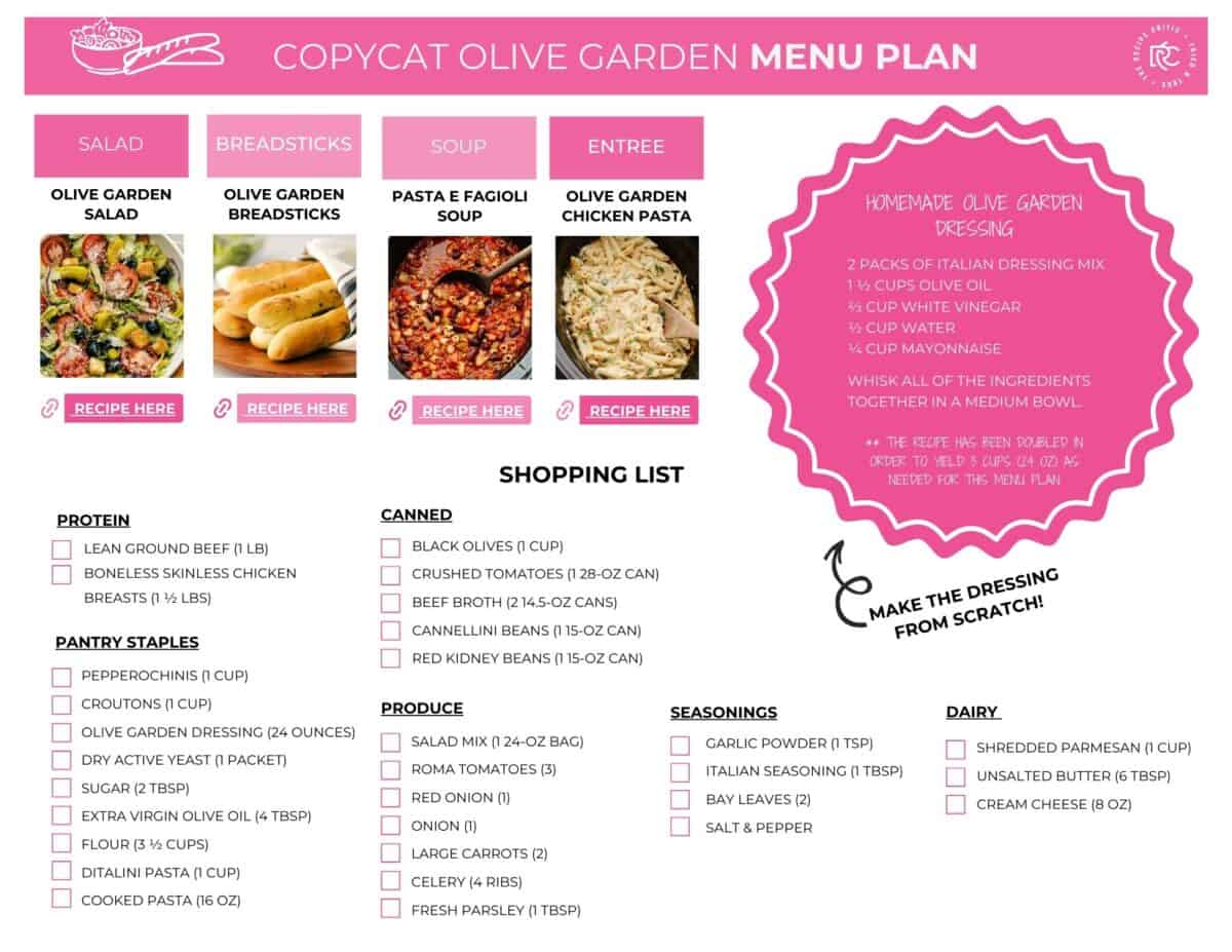 I had the best idea: make all your Copycat Olive Garden Menu favorites at home for a fun “night out” without ever leaving your kitchen. From warm breadsticks to their famous salad (and all the cozy pasta in between), I’ve got you covered. Shopping list for the copycat Olive Garden menu.