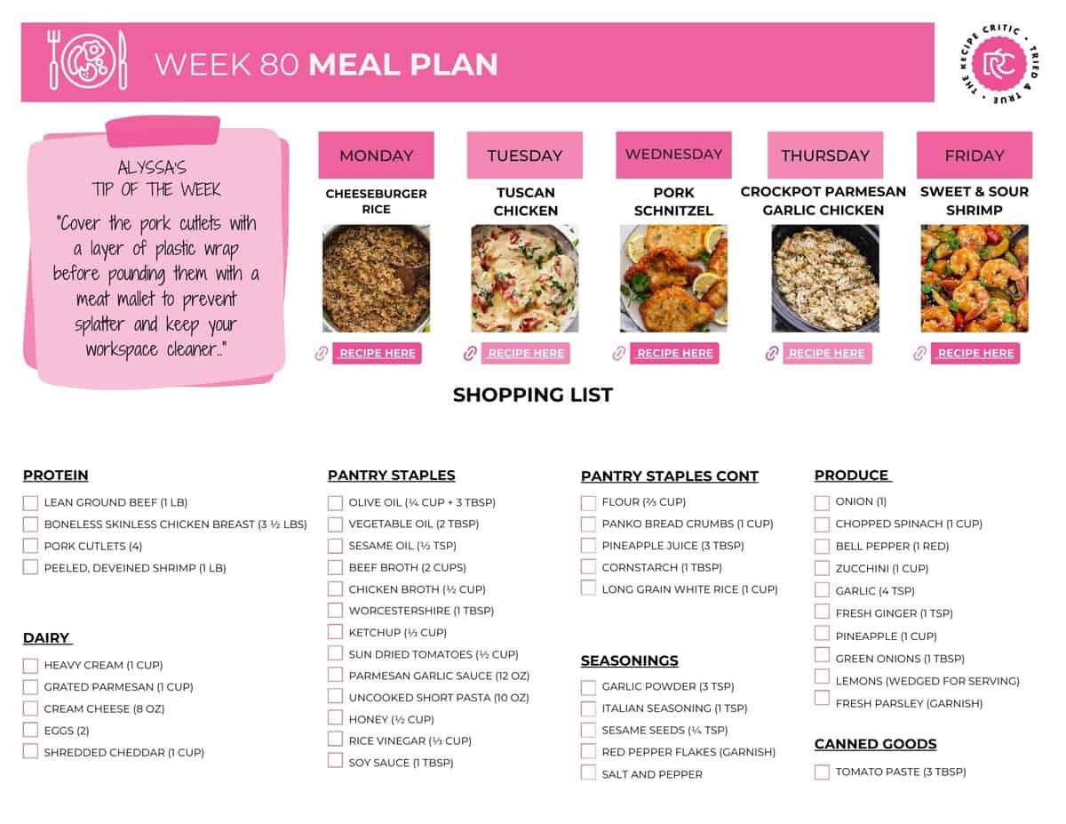 If your brain is tired of making one more decision, I got you. This weekly meal plan is your dinner shortcut: easy recipes, mix and match sides, and a printable shopping list so you can stop thinking about food until it is time to eat it. Free printable shopping list for the weekly meal plan.