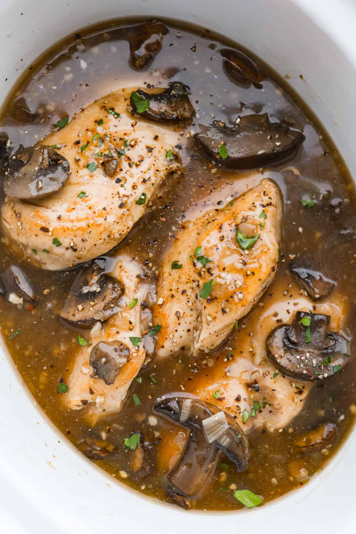 Crockpot chicken marsala cooked and ready to serve. 