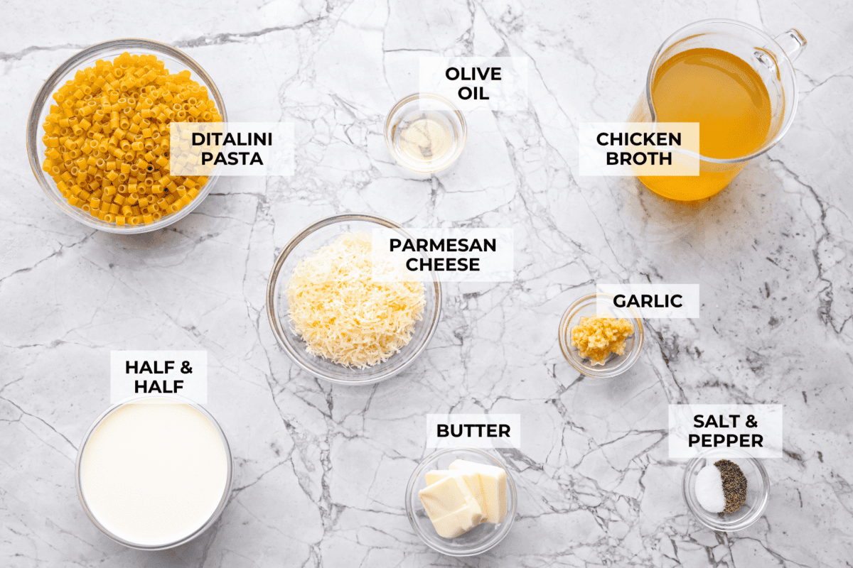 This creamy garlic ditalini pasta is rich, comforting, and on the table in under 30 minutes. One skillet, simple ingredients, and a garlicky, creamy sauce that coats every single bite. Overhead shot of labeled ingredients.