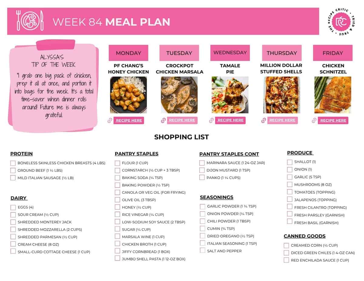 This weekโs meal plan is here to save your sanity. These dinners are quick, delicious, and totally family approved, so you can skip the whatโs for dinner stress and actually enjoy your evenings. Iโve already planned it all out and made the shopping list, so all you have to do is cook and feel like a dinner rockstar. Image of the free printable shopping list for my weekly meal plan.