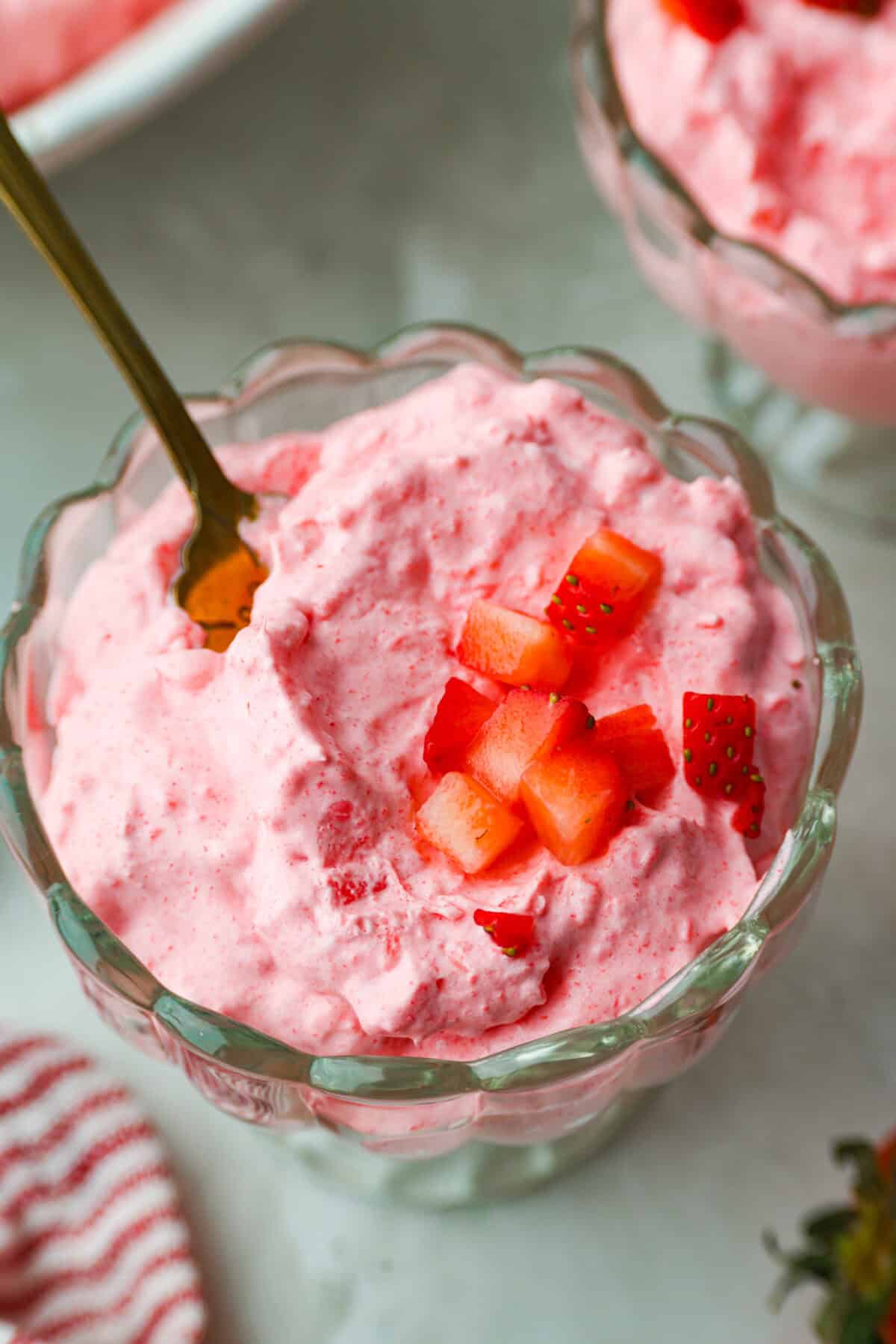 This cottage cheese jello salad is one of those old-school recipes that never really goes out of style. My dad absolutely loves it and requests it all the time, especially for family get-togethers. Itโs creamy, fruity, and ridiculously easy to make. Individual serving of cottage cheese Jello salad.