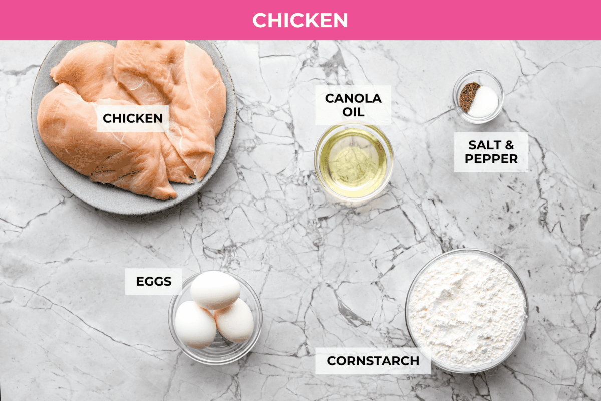 I'm updating my "Tuesday night dinner that feels like we're in Hawaii" with double the sauce! You guys asked, so I added more of that sweet, tangy, deliciousness to this Baked Sweet Hawaiian chicken! It's easy, even after a busy day! Overhead shot of labeled baked sweet Hawaiian chicken ingredients.