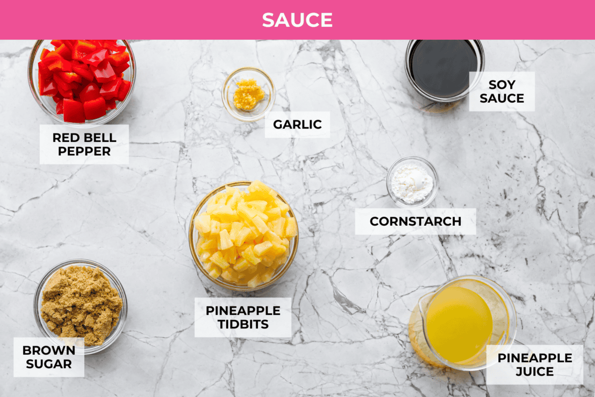 I'm updating my "Tuesday night dinner that feels like we're in Hawaii" with double the sauce! You guys asked, so I added more of that sweet, tangy, deliciousness to this Baked Sweet Hawaiian chicken! It's easy, even after a busy day! Overhead shot of labeled sauce ingredients.