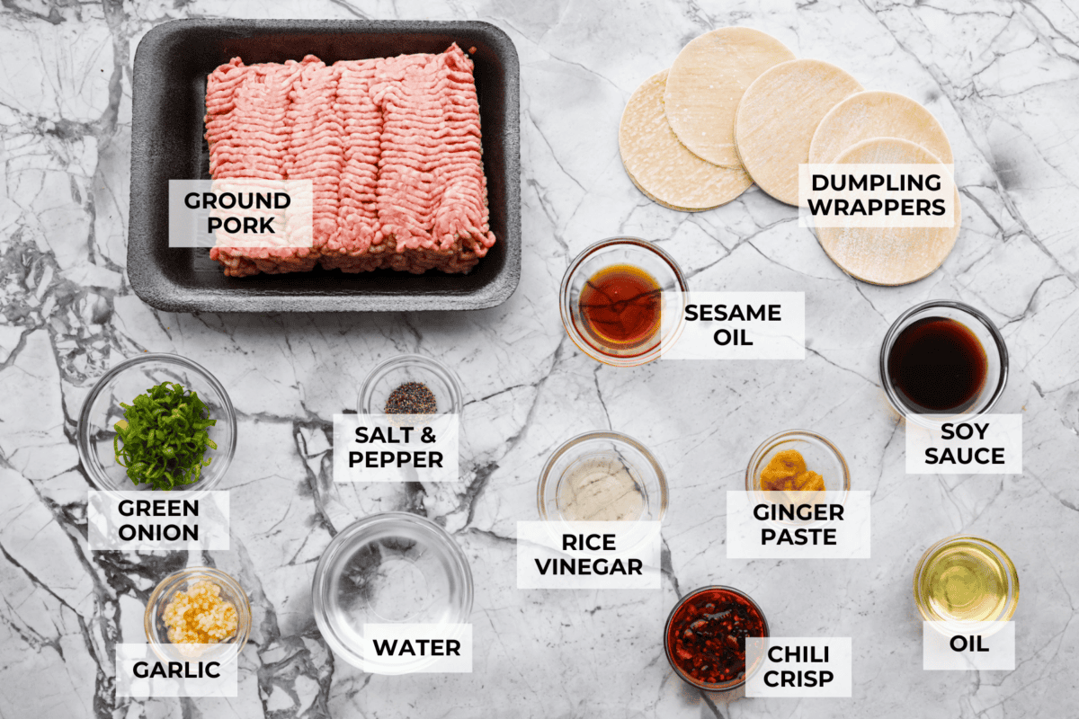 Blanket dumplings are a viral dumpling hack where you cook the filling and press the wrappers right on top. They are the ultimate shortcut to homemade dumplings, ready in just 30 minutes! Trust me, you will want to make these! Overhead shot of labeled blanket dumpling ingredients