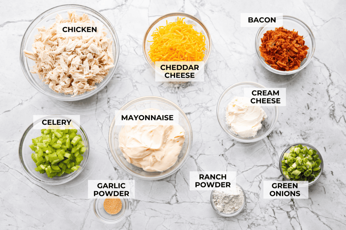 This crack chicken salad has no business being this good! Itโs creamy, packed with ranch, bacon, and cheddar, and disappears way too fast. Pile it on a croissant or eat it straight from the bowl. I promise I won't judge! Overhead shot of labeled ingredients.