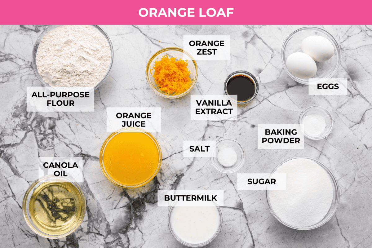This glazed orange loaf is sunshine in every slice! Fresh orange zest and juice give it a bright citrus flavor. It's just like this incredibly popular Lemon Loaf. It’s the kind of quick bread you keep coming back to for just one more slice. Overhead shot of labeled orange loaf ingredients.