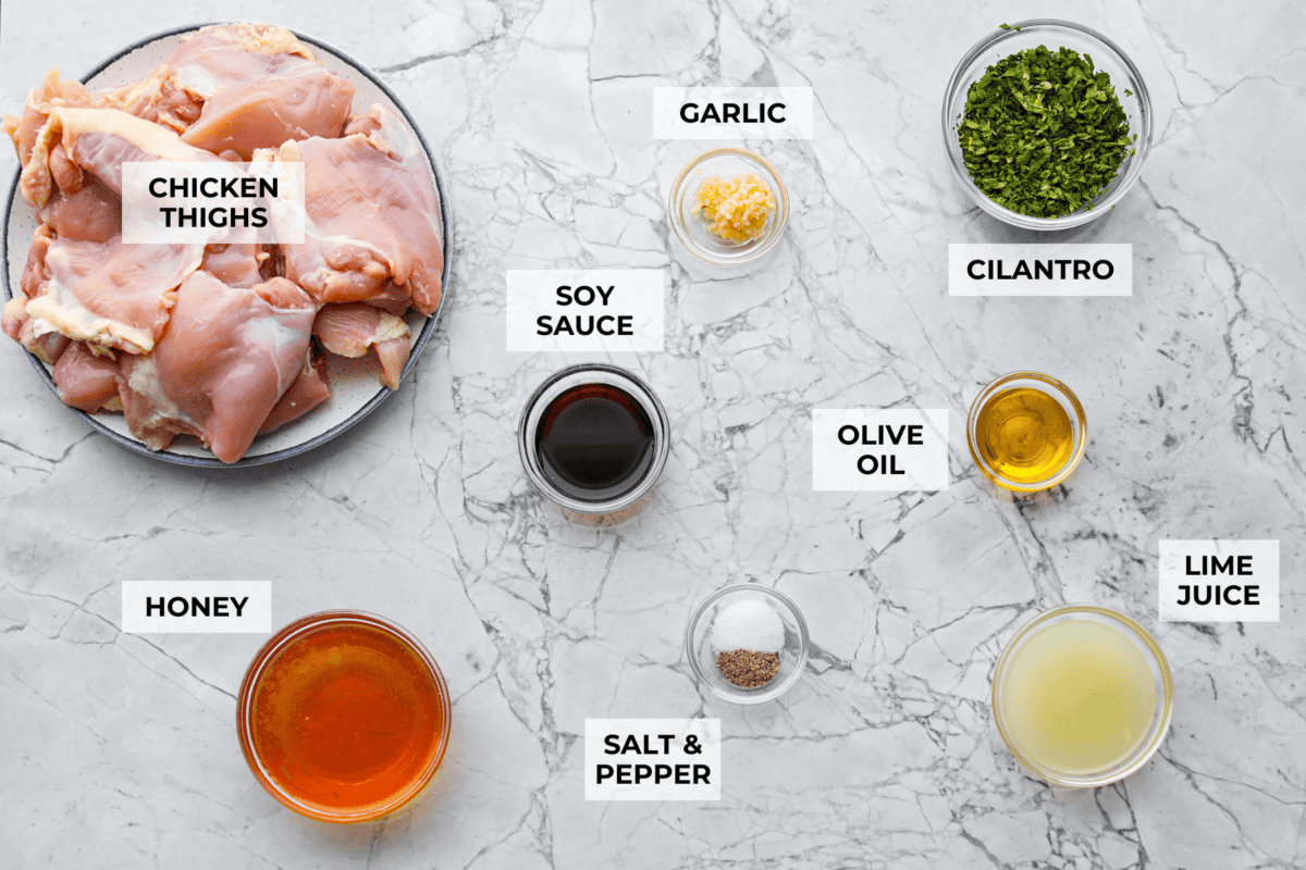 This grilled honey lime cilantro chicken is made for summer nights. It’s fresh, a little sweet, a little tangy, and packed with flavor. I make this on repeat when I need something easy that still feels like a real dinner. Overhead shot of labeled ingredients.