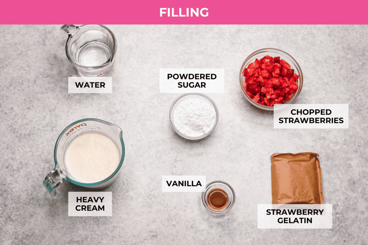 When itโs too hot to even think about turning on the oven, this no bake strawberry cream pie is exactly what you want waiting in the fridge. Itโs cool, creamy, loaded with fresh strawberries, and comes together without heating up your kitchen Overhead shot of labeled no bake strawberry cream pie filling ingredients.