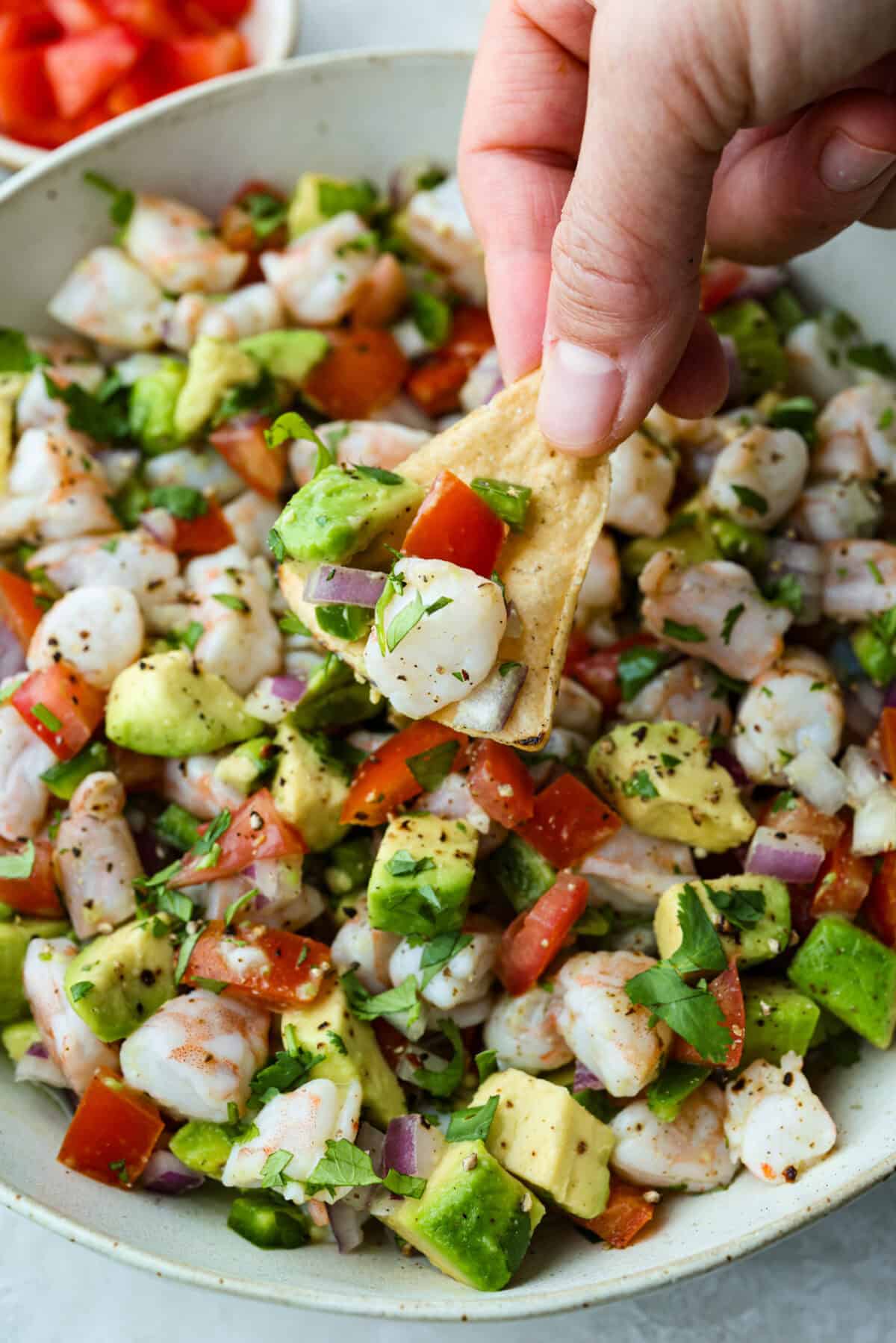 If you're anything like me, you LOVE shrimp ceviche! My version has avocado and is fresh, bright, and has the most incredible flavor. It's the perfect no-cook dish for warm weather. Make it, trust me, you will thank me later! Someone holding up a scoop of shrimp ceviche on a tortilla chip.