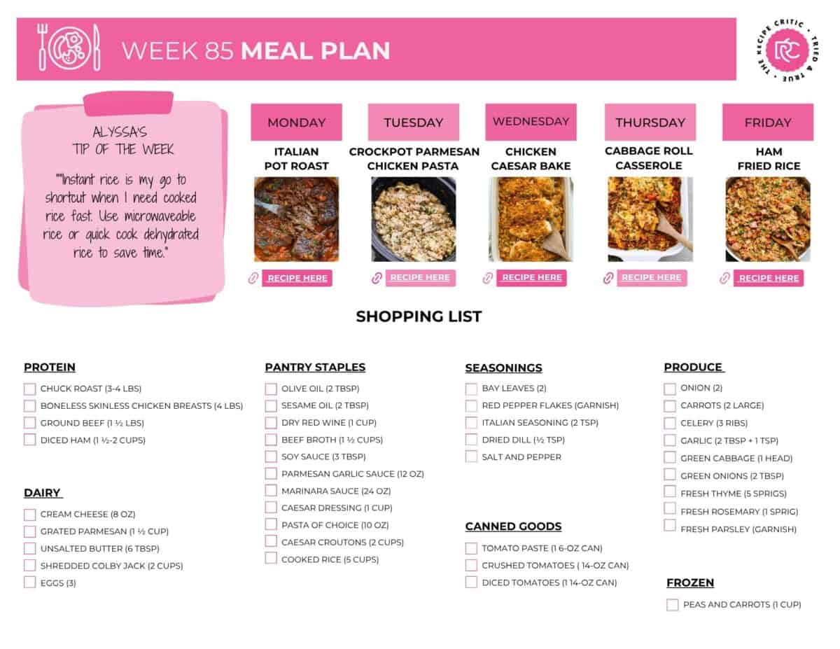 You know that moment when 5 pm hits and everyoneโs suddenly starving, and you have no plan? Yeahโฆ not this week. Iโve got you covered with a weekly meal plan lineup of easy, actually doable dinners that donโt require a last minute grocery run or a burst of motivation you donโt have. Letโs make this week feel a whole lot easier. Image of the printable shopping list for this weekly meal plan.