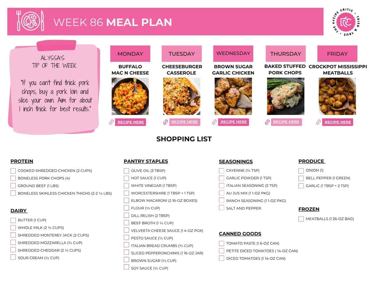 Another week, another lineup of easy dinners to make your life a little simpler. This weekly meal plan is full of cozy favorites, fresh flavors, and budget friendly recipes that help you get something delicious on the table without overthinking it. Image of the shopping list for this weekly meal plan.