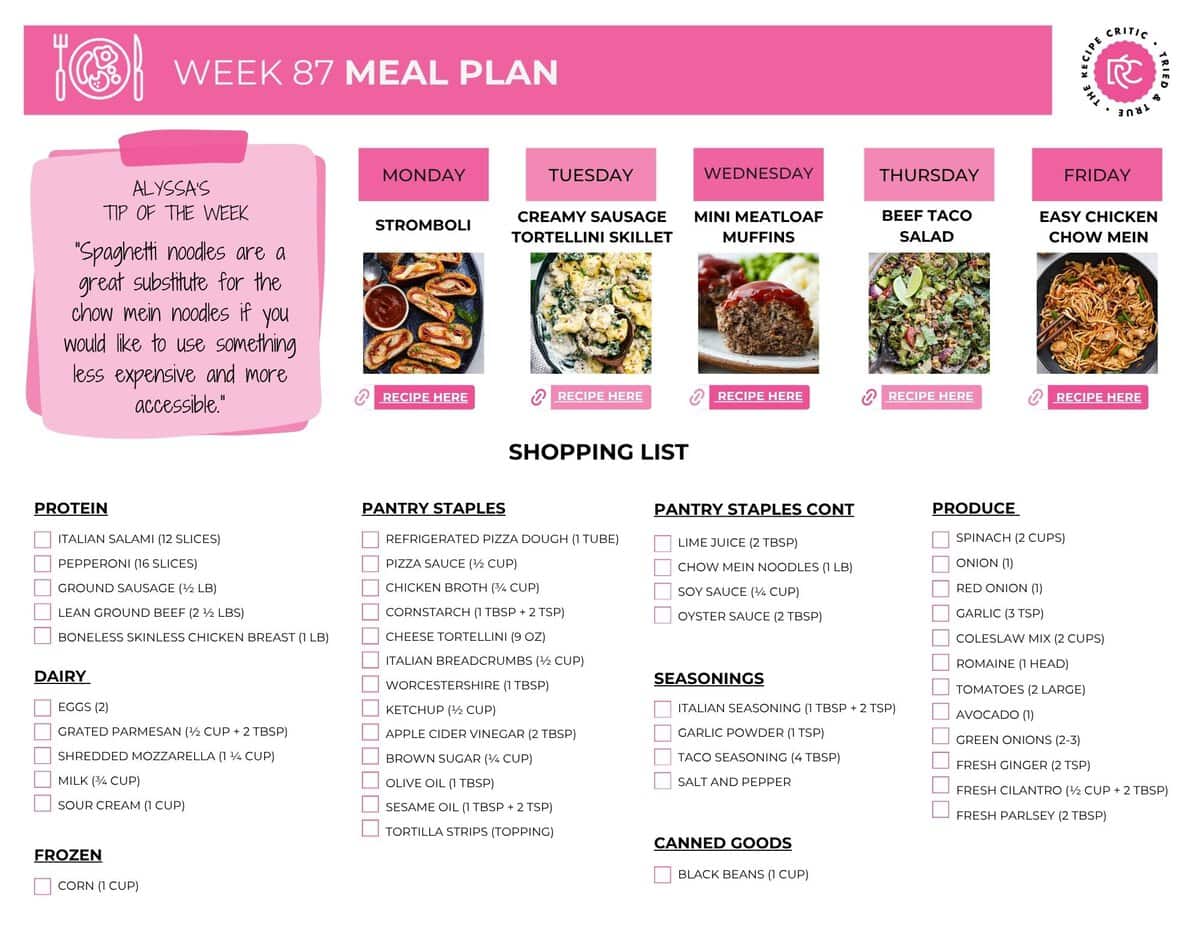 Thank you for making these weekly meal plans such a favorite around here. It honestly makes the time I spend putting them together feel so worth it. I’ve got another great week lined up with plenty of variety and quick, delicious dinners to make your nights easier. Image of the free printable shopping list for this weeks meal plan.