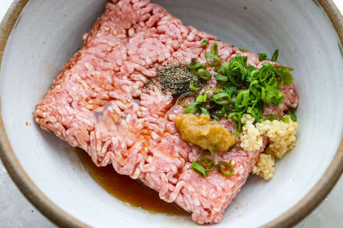 Blanket dumplings are a viral dumpling hack where you cook the filling and press the wrappers right on top. They are the ultimate shortcut to homemade dumplings, ready in just 30 minutes! Trust me, you will want to make these! Meat and seasonings in a bowl.