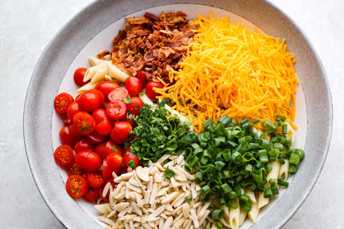 If there’s one side dish that disappears fast, it’s this million dollar pasta salad. It’s packed with crispy bacon, sharp cheddar, fresh veggies, and a creamy dressing that ties it all together. It’s sure to steal the spotlight at any table! All of the salad ingredients added to a large bowl.