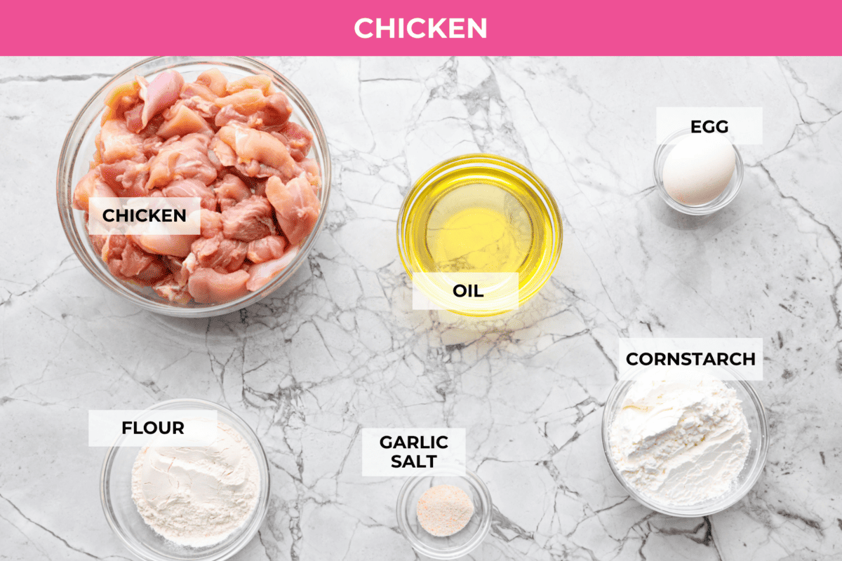 Skip the drive-thru and make this copycat Panda Express orange chicken at home! Crispy chicken coated in a sweet, sticky orange sauce with a secret ingredient that makes it taste just like the real thing. Perfect for an easy takeout-style dinner the whole family will love. Overhead shot of labeled Panda Express orange chicken ingredients.