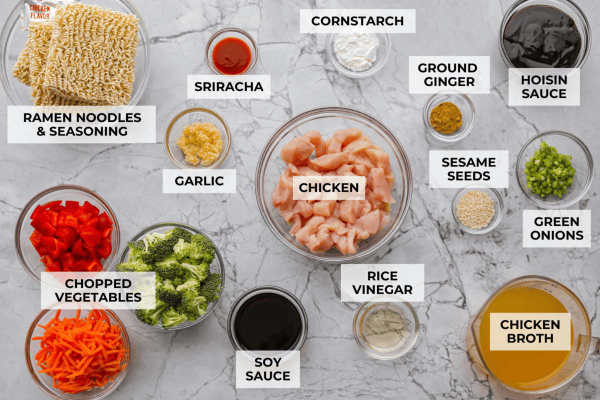 I kept seeing this dump and bake ramen all over my feed and finally had to try it for myself! Turning family favorite ramen into a cozy baked dinner was an immediate hit! It's so good with tender noodles, colorful veggies, and a savory sauce! Overhead shot of labeled ingredients.