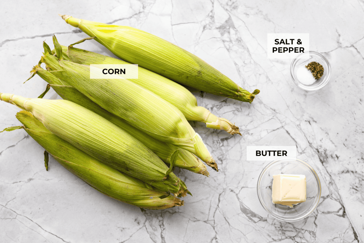 Grilled corn is simple and so versatile. Eat it straight off the cob with butter, cut it intoย salads,ย casseroles, or serve it chilled. The sweet kernels with a touch of smoky char are pure summer heaven. Overhead shot of labeled ingredients.