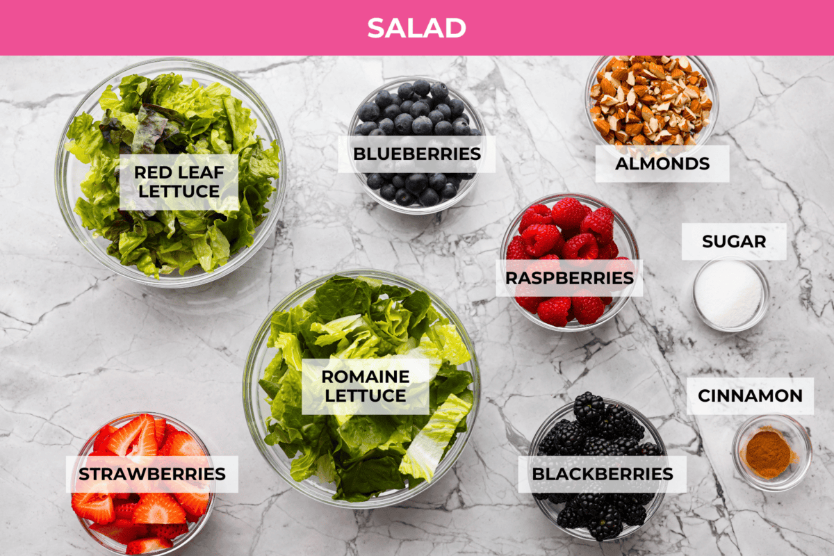 This copycat Zupa’s Nuts About Berries Salad is fresh, bright, and full of texture in every bite. Loaded with sweet berries, crunchy cinnamon almonds, crisp greens, and creamy poppyseed dressing, it tastes just like the restaurant favorite right at home! Overhead shot of labeled salad ingredients.