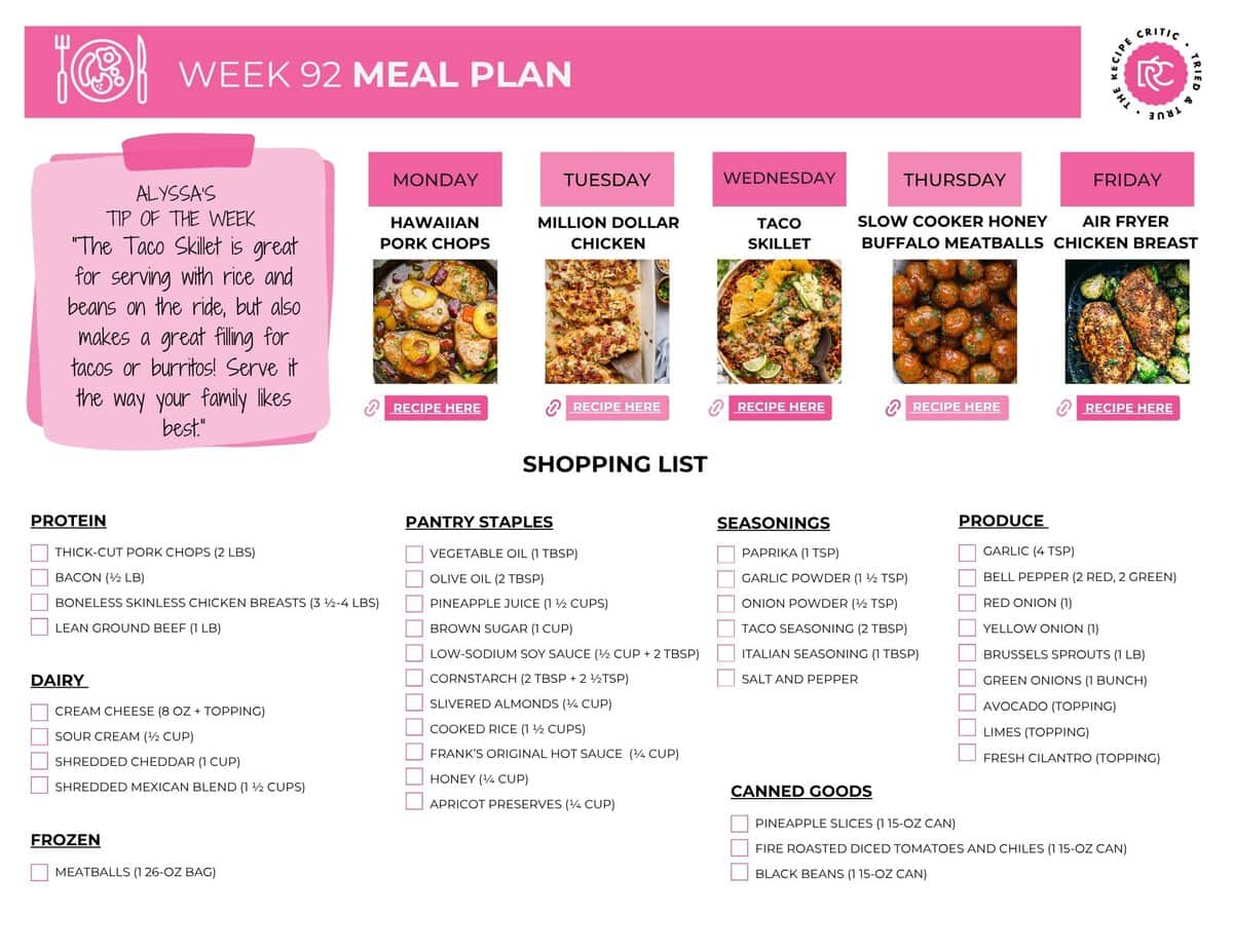 School is out, and I am so excited to have my kids home! I love the slower mornings, the extra time together, and all the summer memories. But letโs be real, having everyone home also means everyone is hungry all day long, so I am getting back into meal prep mode to keep the week a little less chaotic. Image of the free printable shopping list.