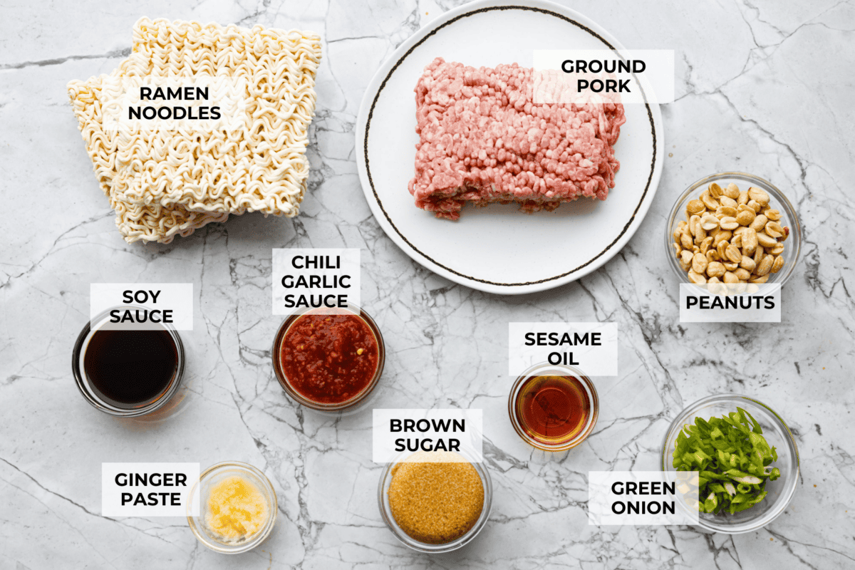These dragon noodles are the ultimate weeknight dinner when youโre craving big flavor fast. Tender noodles, spicy-sweet sauce, and savory pork come together for a dish thatโs fast, fiery, and seriously addictive. Overhead shot of labeled dragon noodle ingredients.
