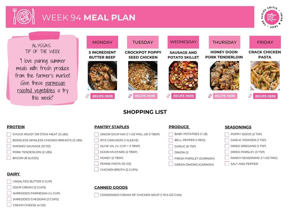 This weekโs meal plan is full of easy, comforting dinners that keep things simple, filling, and family-friendly. A little planning now means less chaos later, fewer last-minute takeout runs, and one less thing to think about at 5 p.m. Image of the free printable shopping list for this week's meal plan.
