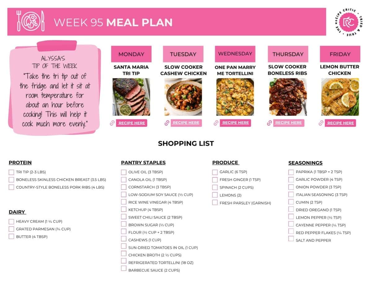 This weekโs meal plan is full of easy dinners that are big on flavor but still simple enough for a busy week. There are cozy slow cooker meals, creamy pasta, and a few recipes that feel a little special without being hard. Plan your week, grab your groceries, and let dinner be one less thing to worry about! Picture of the weekly meal plan shopping list.