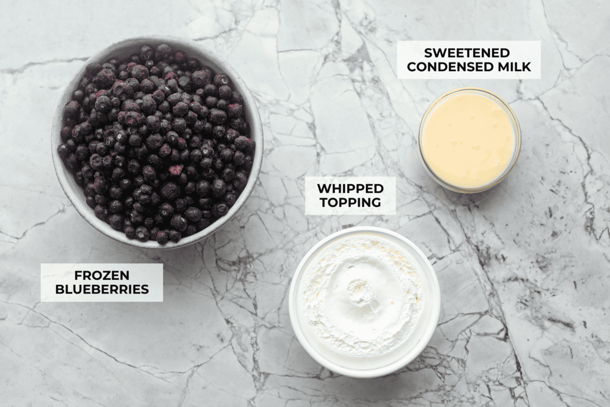 3 ingredient blueberry fluff is creamy, fruity, and ready in just 5 minutes! It’s the perfect last-minute dessert for potlucks, summer parties, or anytime you need something sweet without turning on the oven. Overhead shot of labeled blueberry fluff ingredients.