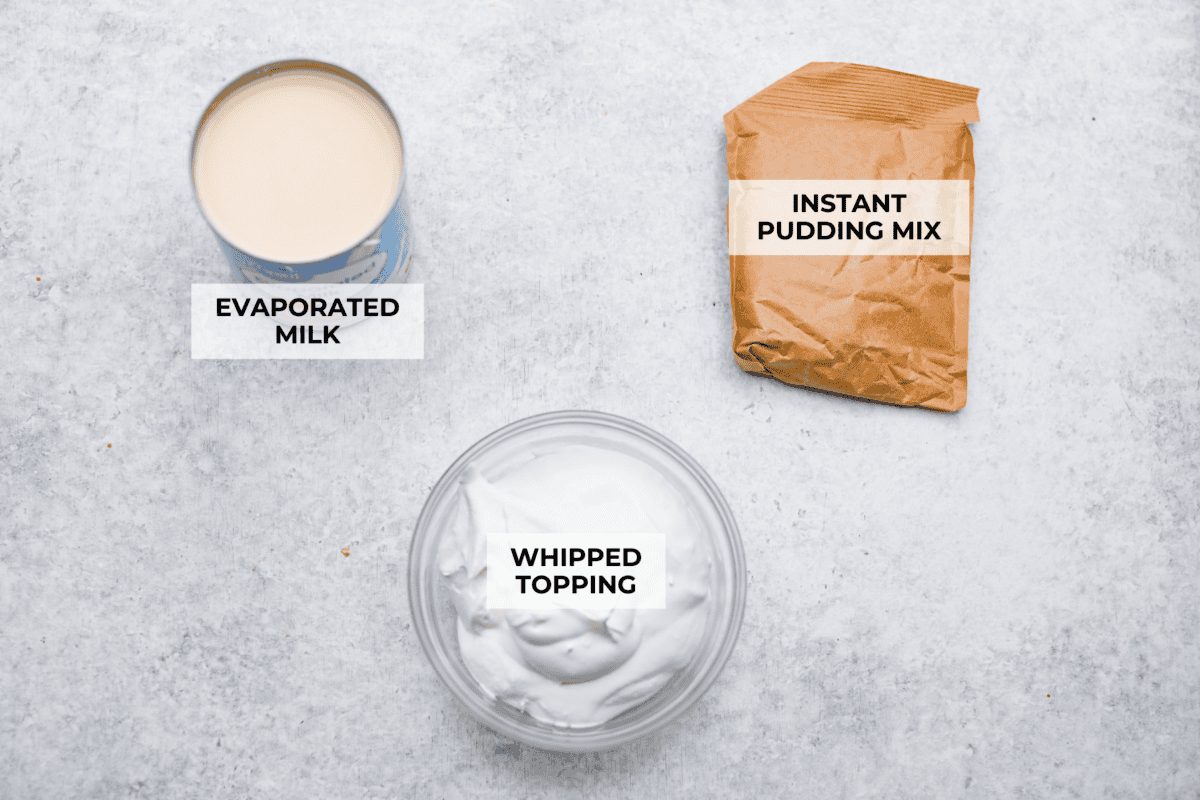 Overhead shot of labeled pudding pop ingredients. 