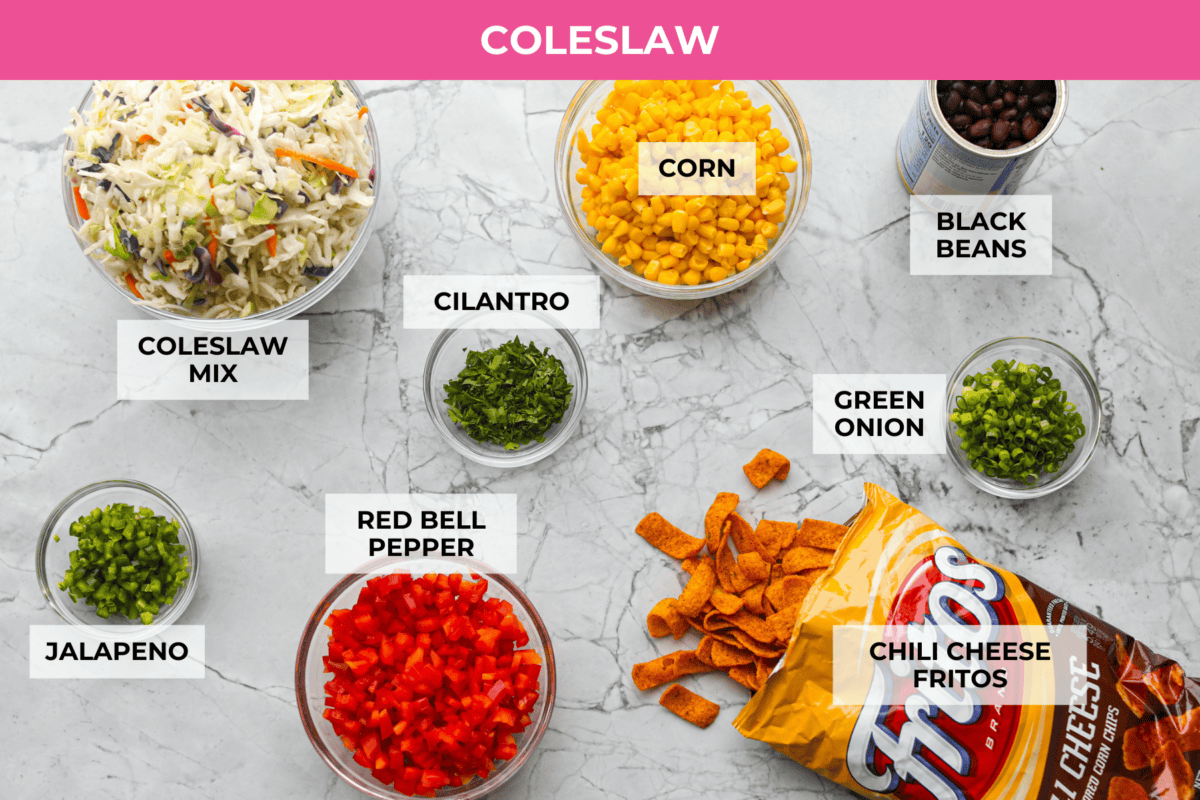 Overhead shot of labeled ingredients. 