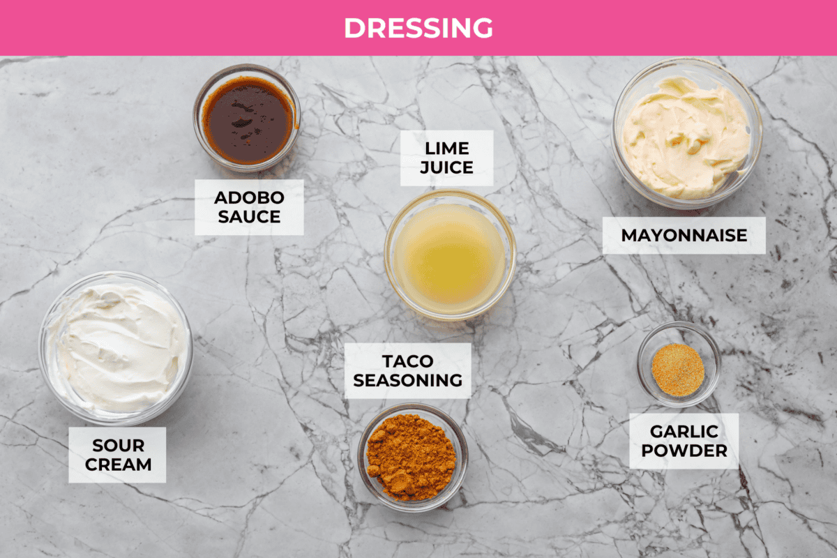 Overhead shot of labeled dressing ingredients. 