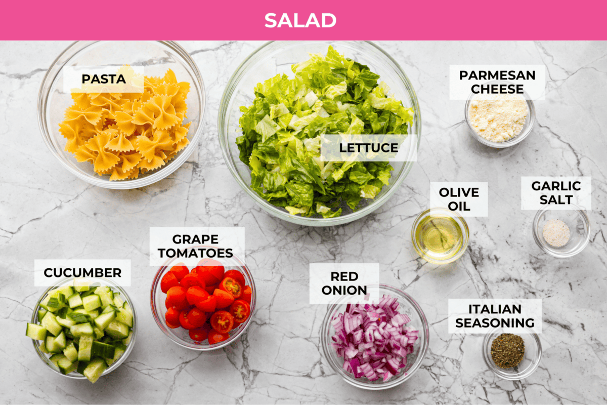 Overhead shot of labeled crispy pasta salad ingredients. 