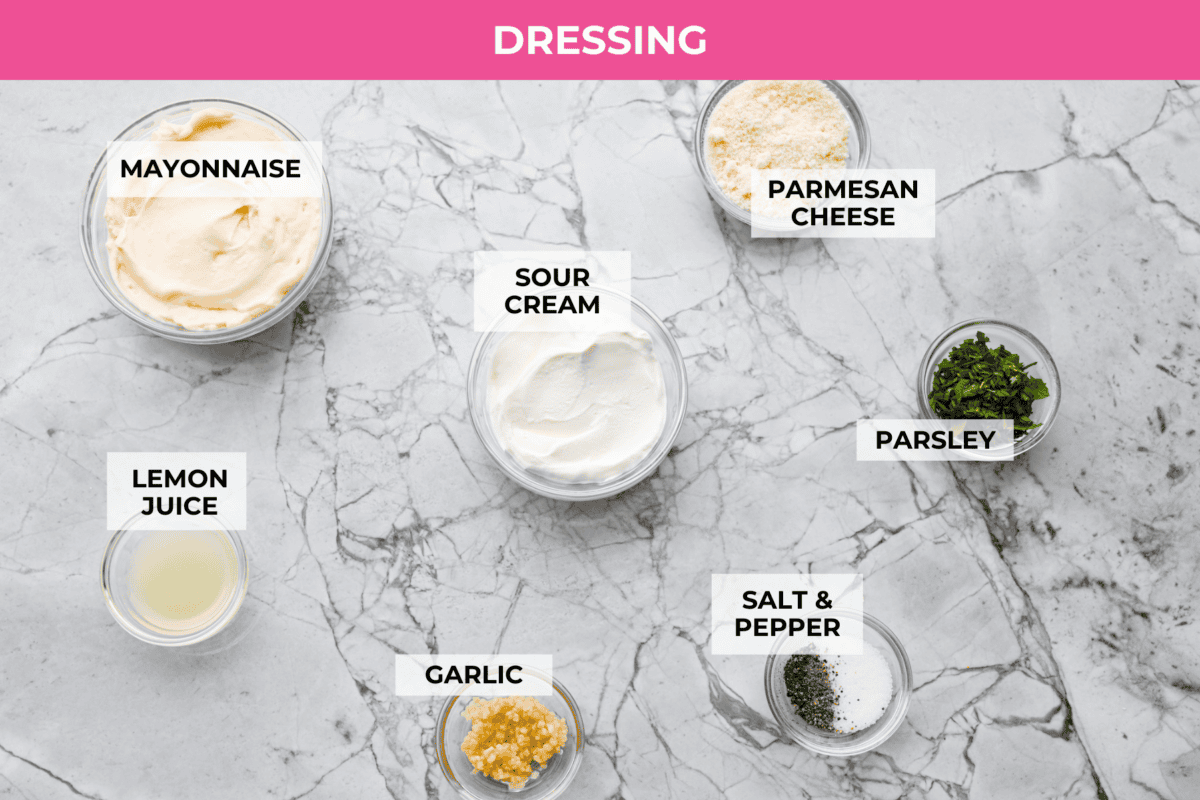 Overhead shot of labeled dressing ingredients. 