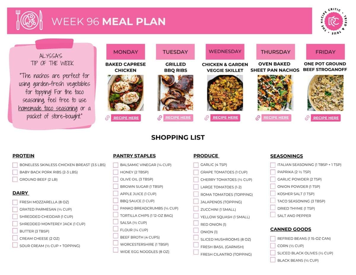 Image of the printable shopping list for the weekly meal plan. 
