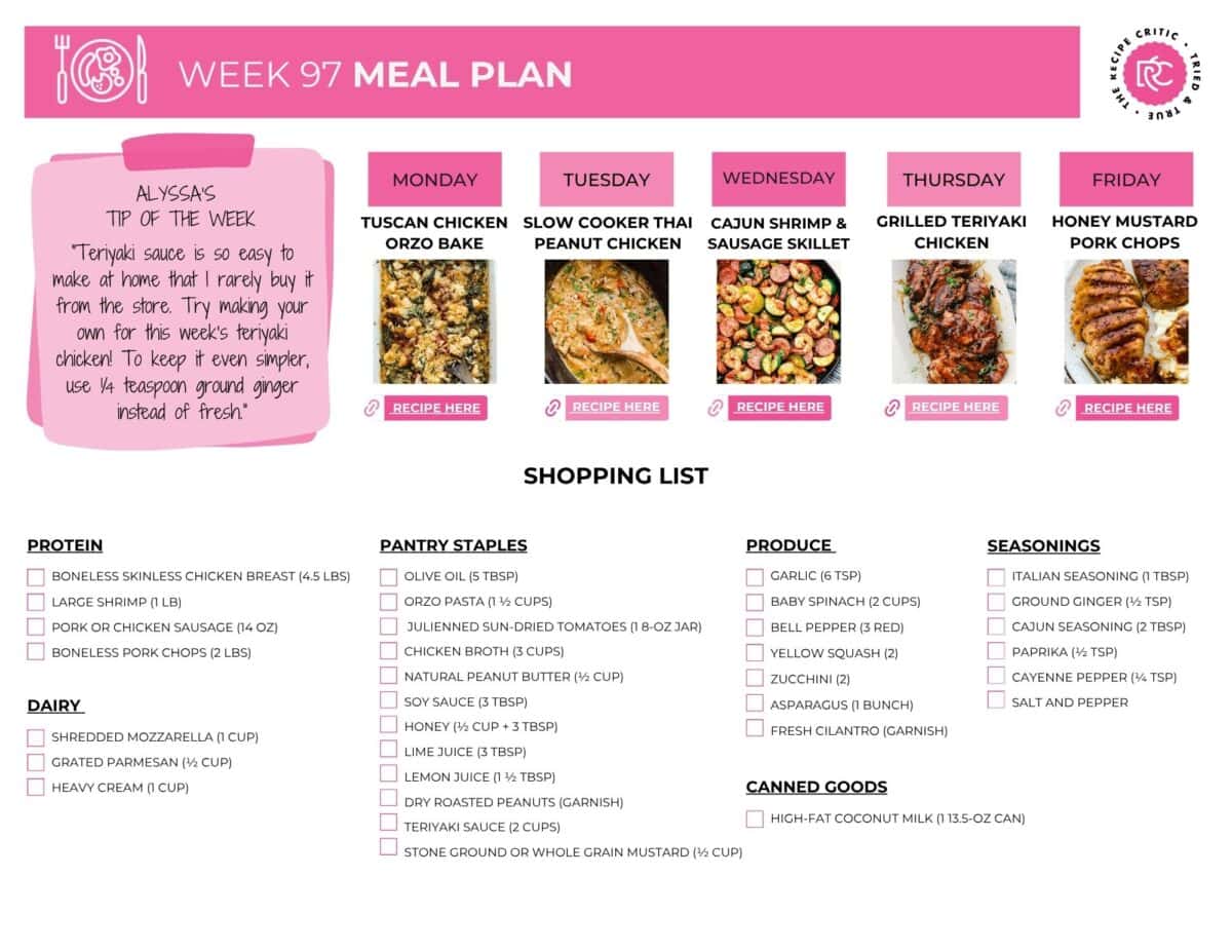 Let me take one thing off your plate this week! This weekly meal plan has dinner planned and the shopping list ready, so you can grab everything you need in one trip and stop wondering what to make every night.