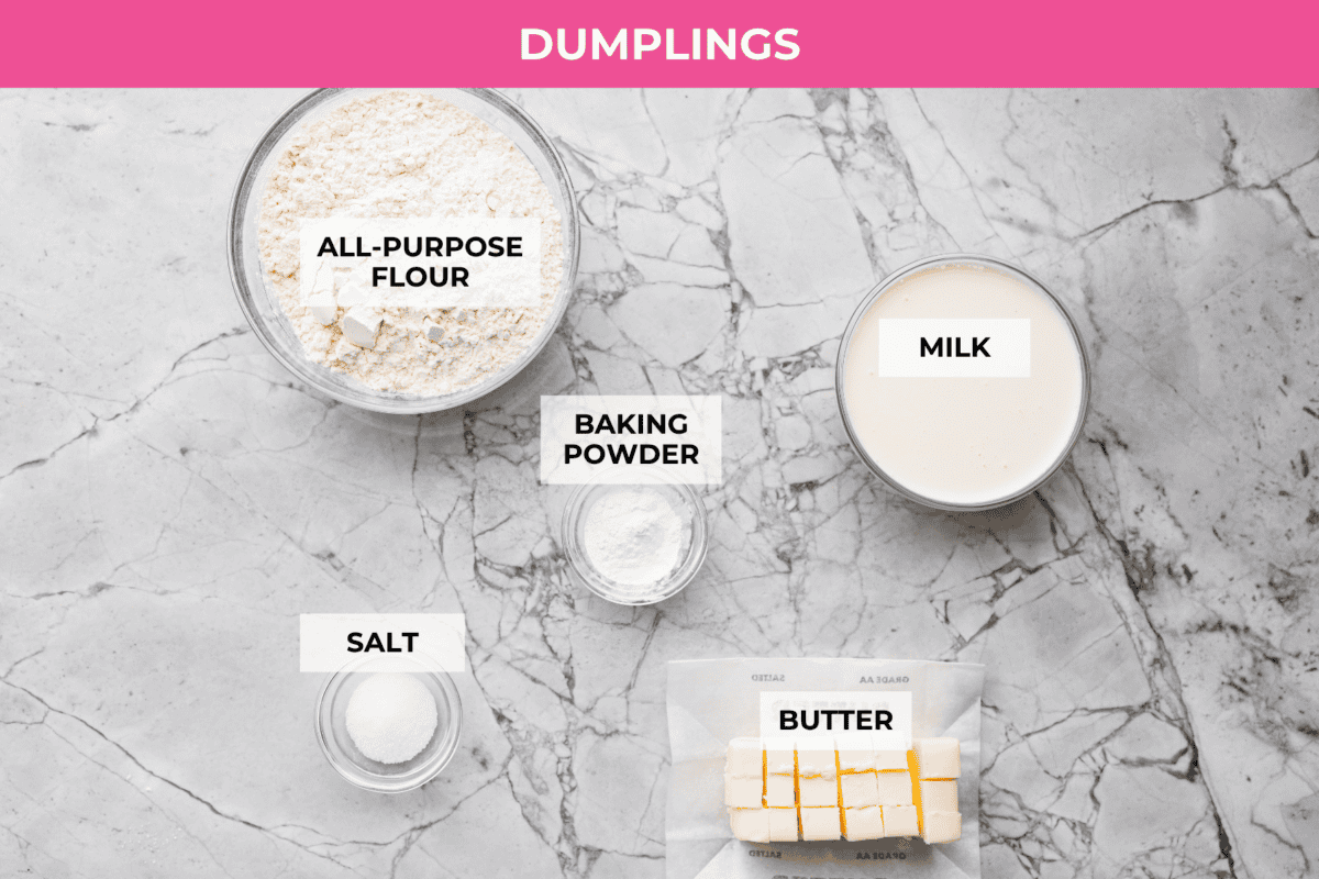 Chicken and dumpling soup will have everyone racing to the table! This one-pot dinner is loaded with tender chicken, hearty vegetables, and a creamy broth. Soft homemade dumplings steam right on top for the perfect finishing touch. Overhead shot of labeled dumpling ingredients.