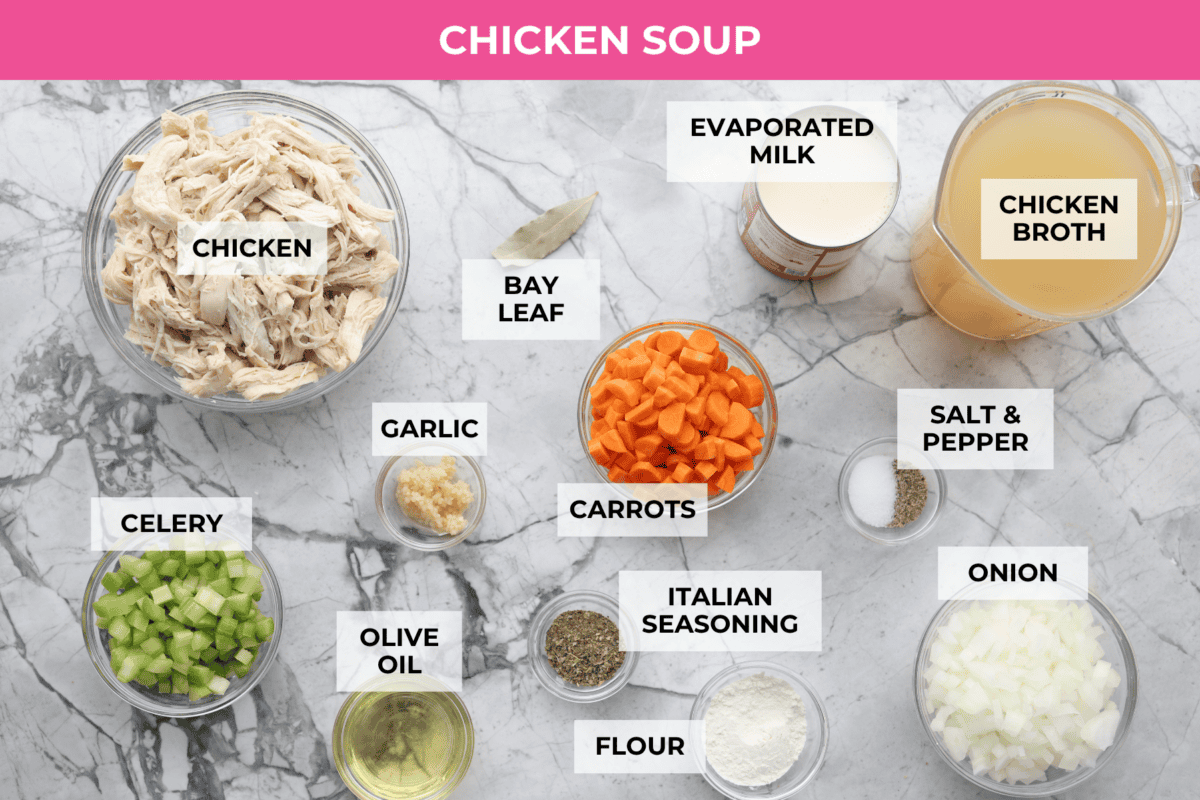 Chicken and dumpling soup will have everyone racing to the table! This one-pot dinner is loaded with tender chicken, hearty vegetables, and a creamy broth. Soft homemade dumplings steam right on top for the perfect finishing touch. Overhead shot of labeled chicken soup ingredients.